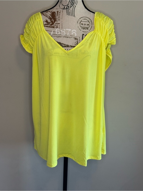 Dear Scarlett Tops - NWT -Dear Scarlett V-Neck Ruched Sleeve Blouse in Neon Yellow-Sizes XL, 2XL, 3XL